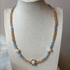 Genuine Aquamarine Sunstone Pearl Gemstone Necklace Stainless Steel